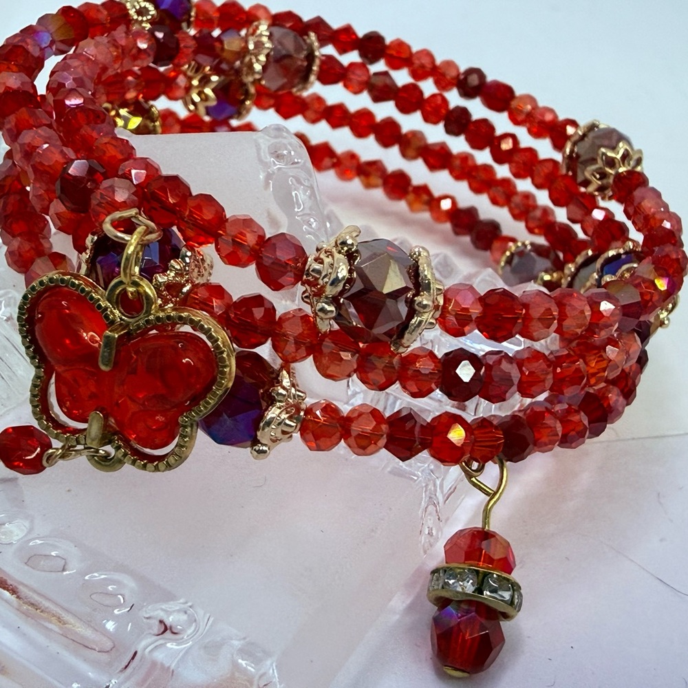 Festive Red Beaded Memory Wire Bracelet with Butterfly Charm